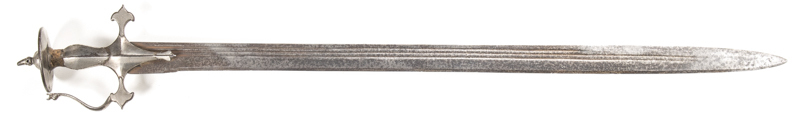 INDIAN TULWAR: g. 31½" straight blade with 3 narrow fullers to within 4" of the point; plated hilt of traditional form with knuckle guard of which 50% silver plate remains; no scabbard; o/a g. cond. Central India; mid 18th C. L/R