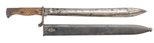 GERMAN MODEL 1898/05 MAUSER BUTCHER BAYONET: f to g 14½" blade with light & dark staining; ricasso marked WAFFENFABRIK MAUSER A.G. OBERNDORF A; vg hilt & grooved wooden grips; complete with vg steel scabbard; g. cond.