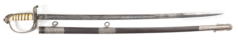 FINE SILVER MOUNTED PRESENTATION 1827 PATT RIFLE OFFICER'S SWORD: exc 32" slightly curved, etched blade, heavily embellished with acanthus leaves, rampant horse, std INVICTA. 38TH CORPS K.R.V. (Kent Rifle Volunteers) Latin inscription NIHIL.HUMANIA.ME ALI