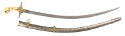 FINE BRITISH OFFICERS MARMALUKE SWORD WITH PERSIAN BLADE: vg cond 29" curved unfullered, fine watered damascus blade with faint Persian talisman square in gold; gilt brass hilt with g cond ivory grips, gilt worn at exposed surfaces; g. cond silver plated