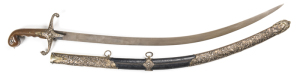 OTTOMAN SHAMSHIR SWORD: vg cond 29" curved unfullered watered blade; gilt brass hilt with rhino horn grips, 2 small fractures to quillons & short age crack to one grip; silver mounted black leather scabbard, mounts decorated with ribbons & floral designs 