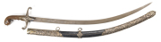 OTTOMAN SHAMSHIR SWORD: vg cond 29" curved unfullered watered blade; gilt brass hilt with rhino horn grips, 2 small fractures to quillons & short age crack to one grip; silver mounted black leather scabbard, mounts decorated with ribbons & floral designs