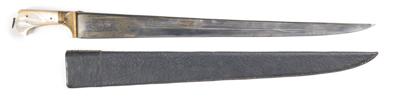 FINE LARGE KYBER KNIFE: vg cond 22" blade with narrow fuller; gold inlay inscriptions & prayers to both sides; vg cond gold koftgari handle with grip of Mother of Pearl & obverse grip Mutton Fat Jade; black leather scabbard of later manufacture; vg cond o