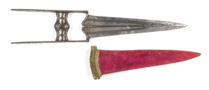 INDIAN KATAR: g. cond 10” double edged blade, elaborate panels recessed into each blade face with traces of gold gilt to protected areas; grip fully engraved with decorative florid designs & traces of gold gilt remain; wood sheath encased with red velvet 