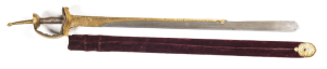 INDIAN KHANDA SWORD with GOLD KOFTGARI HILT: vg cond 27½" straight unfullered watered Damascus blade with spatula point & 9" back edge; thick gold koftgari decorative mounts along blade edge both sides up to back edge; thick gold koftgari hilt of traditio