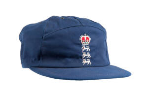 DEVON MALCOLM'S ENGLAND HOME TEST CAP, baseball-style, navy blue, embroidered Crown over Three Lions on front, initialled inside "DM". Good match-used condition. [Devon Malcolm played 40 Tests & 10 ODIs 1989-97].