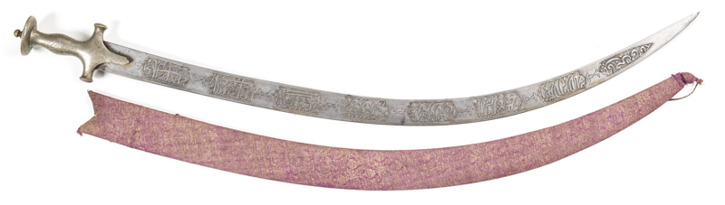 INDIAN TEMPLE TULWAR: vg. cond 33" curved unfullered watered Damascus blade with 8 large format incised panels of prayers to full length of each side; nickel silver hilt with engraved floral designs to entirety; wood scabbard covered with royal purple & g