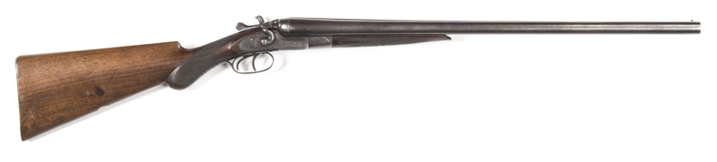 I. HOLLIS & SONS TOP LEVER CHALLENGE SxS HAMMER FIELD N.E. SHOTGUN: 12G; 2¾" chambers; 25" barrels; tight on the face; choked approx CYL & MOD; machine cut top rib; std sights; g. profiles & clear markings; blue/grey finish to all metal; vg chequered pist