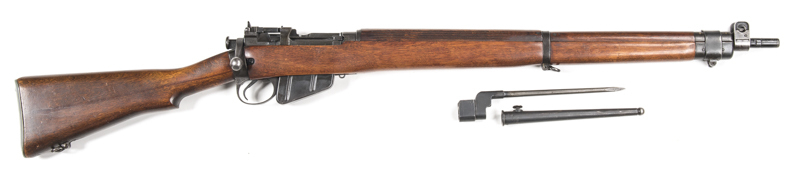 SAVAGE NO.4 MKI B/A SERVICE RIFLE: 303 Cal; 10 shot mag; 25.2" barrel; f. bore with wear; std sights & fittings; receiver marked U.S. PROPERTY; side rail marked S. NO.4 MKI & dated 1942; vg profiles & clear markings; rifle retains 80% original blacked mil