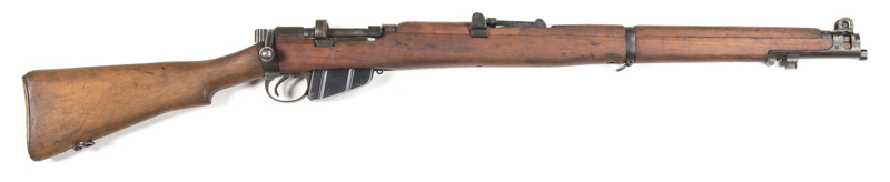 LITHGOW SMLE MKIII* B/A SERVICE RIFLE: 303 Cal; 10 shot mag; 25.2" barrel, g. bore; std sights & fittings; receiver ring marked M.A. LITHGOW SMLE III* & dated 1945; g. profiles & clear markings; rifle retains 85% military parkerised finish; vg stock with