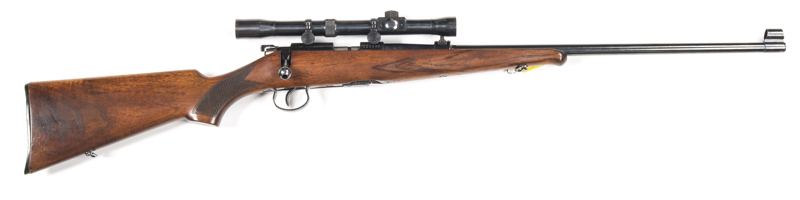 BRNO MOD.1 B/A SPORTING RIFLE: 22 LR; 5 shot mag; 23" barrel; vg bore; std sights plus a Raven 4X scope with g. optics; BRNO markings to barrel & side rail; 95% original blue finish remains to all metal; g. stock with chequered wrist; all complete; gwo &