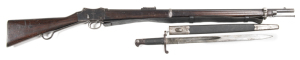 INDIAN ISSUE ENFIELD MK4 L/LEVER MARTINI HENRY SERVICE RIFLE: 450x577Cal; 33.2" barrel; g. bore, clear rifling; std sights & bayonet stud to front band; ROYAL CYPHER V.R. ENFIELD 1887 IV-1 to action; g. profiles & clear markings; 70% orig blue finish rema