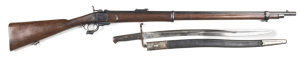 ALEXANDER HENRY SHORT KNOX FORM B/L VOLUNTEER RIFLE: 450x577 Cal; 33.2" barrel; f to g bore with sharp rifling; std sights & bayonet stud to front band; HENRY'S PATENT RIFLING marked forward of the breech; action marked W.R.A. & A Co., dated 1871 & VP.027