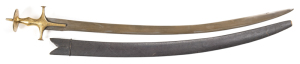 FINE INDIAN TULWAR, C.1740: fine 31½" watered blade; traditional Indian open hilt with a full coverage of gold Koftgari; complete with black leather over wood scabbard with small section of leather missing from the point; vg cond. L/R