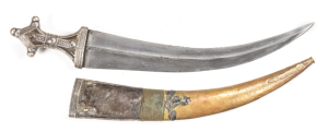 VERY EARLY, ORNATELY DECORATED SAUDI ARABIAN WAHABITE JAMBIYA DAGGER, Circa late 18th C.: g. 17½" dbl edged, curved blade with medial ridge & minor staining; horn cruciform shaped hilt overlain with silver straps & embellished with 6 lrg silver pearl shap