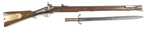 SCARCE IMPERIAL RUSSIAN 1ST MODEL BRUNSWICK PERCUSSION RIFLE & BAYONET: 70 Cal; 30" twist barrel; vg. bore; std sights & sword bayonet bar; P.J. MALHERBE A LIEGE to back action lock, action slightly a/f; bolster stamped 765; mellow finish to brass regulat