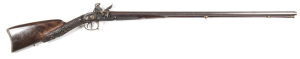 FRENCH D/B 1/2 STOCK FLINTLOCK FOWLER BY LE PAGE A PARIS: 20G; 33" rnd Damascus barrels with LE PAGE a PARIS at breech with bands & decorative inlays all in gold; flat locks with classical border engraving with hound & fox & LEPAGE A.PARIS, gold circlet t