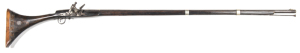 MOROCCAN SNAPHAUNCE FULL STOCKED MUSKET: 20 bore; 44" round barrel with silver inlay tulip panels at breech, some engraving, held to stock with two silver bands; notched rear sight & silver grotesque mask front sight; flat lock of type design, sliding pan