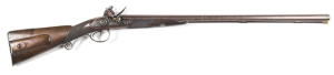 IMPRESSIVE ENGLISH FLINTLOCK D/B RIFLE by MORTIMER: 12 bore; 32½" hook breech barrels, fitted with two rod pipes, top surface engraved H.W.MORTIMER LONDON on lhs barrel & GUN MAKER TO HIS MAJESTY on rhs barrel, gold lined vents, scalloped tang with scroll