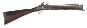 MORTIMER LONDON FLINTLOCK BLUNDERBUSS with folding bayonet: 1" bore at the muzzle; 15" barrel inscribed H.W.MORTIMER & Co LONDON GUNMAKERS TO HIS MAJESTY & fitted with sprung 12" tri-form blade bayonet; stepped lock inscribed H.W. MORTIMER & Co, fitted wi