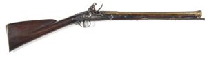 ENGLISH BRASS BARREL F’LOCK BLUNDERBUSS: 1" bore at muzzle; 18" rnd to oct brass barrel, London proofs & DM (Daniel Moore) maker’s mark & LONDON to top strap; rounded lock with bolted safety & inscribed D MOORE; swan necked cock & integrated pan fitted; b