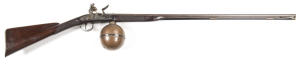 FINE QUALITY ENGLISH SIMULATED FLINTLOCK AIR GUN by NICHOLSON: 54 bore; 35"3 stage barrel, NICHOLSON LONDON in gold & gold band to breech; vg bore; silver inlay sights; stepped lock copiously engraved with trophies, fully functional except no vent; even m