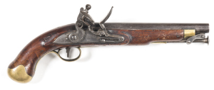 ENGLISH WILLIAM IV, 1824/32 PATT SEASERVICE FLINTLOCK PISTOL: 25 bore; 9" barrel with G.R. proof to the breech & fitted with a captive r.rod; g. bore; borderline engraved lock with ROYAL CYPHER & W.R., fitted with a re-inforced cock & dbl bridle pan; shar