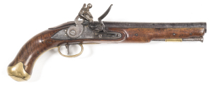 ENGLISH E.I.C LIGHT DRAGOON FLINTLOCK PISTOL: 15 bore; 9" barrel inscribed HARRISON E.I.C heart motif, dated 1802 & London commercial proofs; f. bore; fitted with a re-inforced cock & dbl bridle pan, flat lock plate inscribed HARRISON with 1802 date; & E.