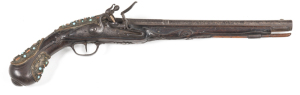 FRENCH FLINTLOCK HOLSTER PISTOL: with Algerian/Egyptian influence in its coral & turquoise decoration style; 18 bore; 13" oct to rnd barrel; p.bore; plain lock plate with swan necked cock; plain steel t/guard, eared butt cap & furniture; later applied cor