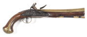 ENGLISH BARBAR FULL STOCKED FLINTLOCK BRASS BARREL COACHING BLUNDERBUSS PISTOL: 1 1/8" at the muzzle; 9" swamped barrel inscribed LONDON & struck with THE GUN MAKER'S COMPANY LONDON proofs; plain stepped lock plate inscribed BARBAR; fitted with a swan nec