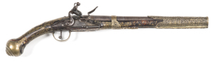 TURKISH FLINTLOCK HOLSTER PISTOL: Copy of an English 18th C. pistol with spurious English proofs to the breech; 16 bore; 12½" barrel; p. bore; ornate brass barrel sheath & band; plain lock with Turkish markings & fitted with a swan necked cock, integral p