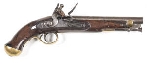 ENGLISH WILLIAM IV NEW LAND PATTERN FLINTLOCK PISTOL: 15 bore; 8¾" barrel; f. bore; stepped lock plate with bolted safety with ROYAL CYPHER & W.R.; fitted with a re-infored cock & integral pan; regulation brass t/guard butt cap & furniture; g. profiles & 