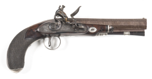 MCDERMOTT SILVER MOUNTED 1/2 STOCKED FLINTLOCK TRAVELLING PISTOL: 15 bore; 7" oct damascus barrel; g. bore; gold single band to the breech with gold oval inlay inscribed MCDERMOTT DUBLIN; sml silver blade front sight & notched back sight at the tang; lock