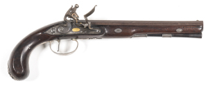 WOGDON SILVER MOUNTED FULL STOCKED FLINTLOCK DUELLING PISTOL: 28 bore; 9¾" damascus oct barrel with sml silver dovetail front sight & notched rear sight at the tang; gold rampant lion poincion with WOGDON within a gold oval & sunburst surround; stepped lo