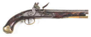 EAST INDIA COMPANY FLINTLOCK DRAGOON PISTOL: 15 bore; 9" barrel inscribed NOCK & dated 1802; p. bore; flat lock plate dated 1802 with E.I.C. heart motif & inscribed NOCK; fitted with re-inforced cock & integral pan; mellow brass regulation t/guard & furni