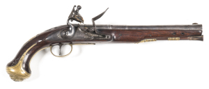 GRIFFIN FULL STOCK FLINTLOCK HOLSTER PISTOL: 15 bore; 9¾" 3 stage barrel inscribed GRIFFIN LONDON to the breech & THE GUNMAKER'S COMPANY LONDON proofs; g. bore; plain rounded lock plate inscribed GRIFFIN; fitted with a swan necked cock, integral pan & gol