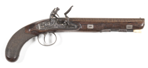 FARMER CARDIFF FULL STOCKED FLINTLOCK HOLSTER PISTOL: 32 bore; 9" damascus oct barrel; g.bore; sml silver dovetail front sight & notched back sight at the tang; FARMER CARDIFF inlaid in gold to top flat; stepped lock plate with bolted safety, sunburst, fl