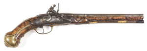 HENRY KERBY FULL STOCKED FLINTLOCK HOLSTER PISTOL: 20 bore; 12¼" 3 stage barrel struck with THE GUN MAKER'S COMPANY LONDON proofs, Maker's touch mark & inscribed H.KERBY; curved banana shaped lock finely engraved with foliage & inscribed H.KERBY, fitted w