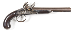 JOHN PROBIN 1/2 STOCKED FLINTLOCK D/B COACH PISTOL: 28 bore; 9" barrels; p. bores; sml silver blade front sight; J. PROBIN to the breech; plain stepped lock plate inscribed J. PROBIN; fitted with swan necked cocks, integral pans, gold touch holes & roller