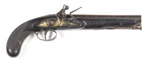 TURKISH MADE OFFICER'S FULL STOCKED FLINTLOCK CAVALRY PISTOL: 28 bore; 8½" fine damascus twist barrel fitted with a captive rod; f. bore; curved lock plate inlaid with decorative brass panels; g. profiles; dark blue/grey finish to barrel, lock, fittings, 