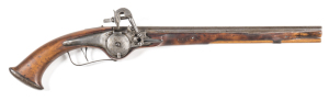 GERMAN/DUTCH WHEELOCK MILITARY PISTOL: .58" Cal; 15¾" octagonal barrel; g. bore; rounded unadorned lock with external wheel & catch operated sliding pan cover, unextended dog; iron trigger guard with deep spur, offset trigger; silver grey patina to barrel