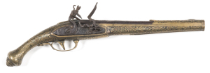 OTTOMAN ALL METAL FULL STOCKED FLINTLOCK HOLSTER PISTOL: 20 bore; 11" iron barrel with faint maker's mark to the breech; p. bore; plain stepped lock plate fitted with a swan necked cock, rain proof pan & roller to the frizzen; ornate brass butt stock & fo