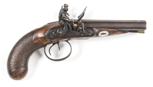 BRITISH H. NOCK D/B FLINTLOCK TRAVELLING PISTOL: 55 ML; 6" barrels with rib inscribed H. NOCK LONDON GUN MAKER TO HIS MAJESTY; f.bores; stepped locks with sunburst to heels & bolted safeties; fitted with French style cocks, gold touch holes & gold single 