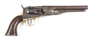 COLT 1862 POLICE PERCUSSION REVOLVER: 36 Cal; 5 shot fluted cylinder; 165mm (6½") round barrel; f to g bore with clear rifling; std sights; one line New York address, COLTS PATENT to lhs of frame; mellow brass t/guard & back strap; g. profiles; clear addr