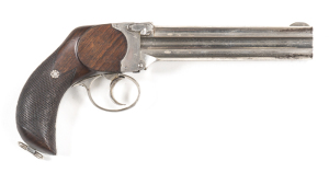 CHARLES LANCASTER 4 BARREL HOWDAH PISTOL: 476-455 oval bore; 4 shot barrel cluster; 158mm (6½") barrels; clean bores; std sights; lhs of barrel rib inscribed 476 & 455 CF & THE GUN MAKERS COMPANY London proofs; plain frame, back strap & t/guard; g. profil