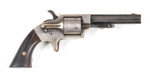 SCARCE MERWIN & BRAY 3RD MODEL CUPFIRE REVOLVER: 30RF; 5 shot cylinder; 82mm(3 3/8") barrel; f. bore; std sights; MERWIN & BRAY FIRE ARMS CO. NY to top of barrel; g. profiles & clear markings; brass frame with spur trigger & 75% original silver plate fini