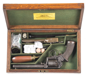 CSD 1851 DEAN ADAMS & DEAN PERCUSSION REVOLVER: 54 bore; 6 3/8" (164mm) oct barrel; vg bore; top strap & barrel marked DEANE ADAMS & DEANE 30 KING WILLIAM ST LONDON BRIDGE; 5 shot cyl; borderline & foliate engraved frame with Adams patent to rhs; g. profi