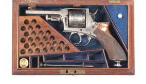 CSD TRANTER STYLE SOLID FRAME, C/F REVOLVER: 450 Cal; 5 shot cyl; 102mm (4") oct barrel marked 450; top strap engraved G.H. DAW THREADNEEDLE ST LONDON; pivoting safety catch to lhs; a most unusual hinged section when arbour pulled out; sharp profiles & cl