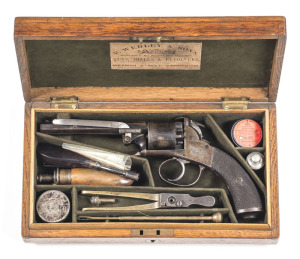 CASED WEBLEY BENTLEY TYPE PERCUSSION REVOLVER: 80 bore; 127mm (5") oct barrel; 5 shot cylinder; borderline engraved open frame with sparse foliate engraving; Birmingham proofs to cylinder; fitted with a shroud covered percussion hammer; vg chequered grips