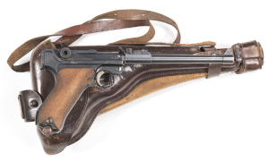 GERMAN WWI DWM P.08 ARTILLERY LUGER S/A SERVICE PISTOL: 9mm; 8 shot mag; 203mm (8") barrel; g. bore; std sights & fittings; breech dated 1917; D.W.M to toggle; vg profiles & clear markings; 90% orig blue finish remains to pistol with clear straw colours t